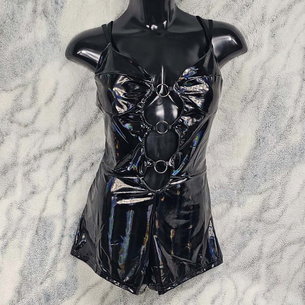 Dolls Kill Club Exx XL Black Holographic Vegan Leather Cut Out O-Ring Romper